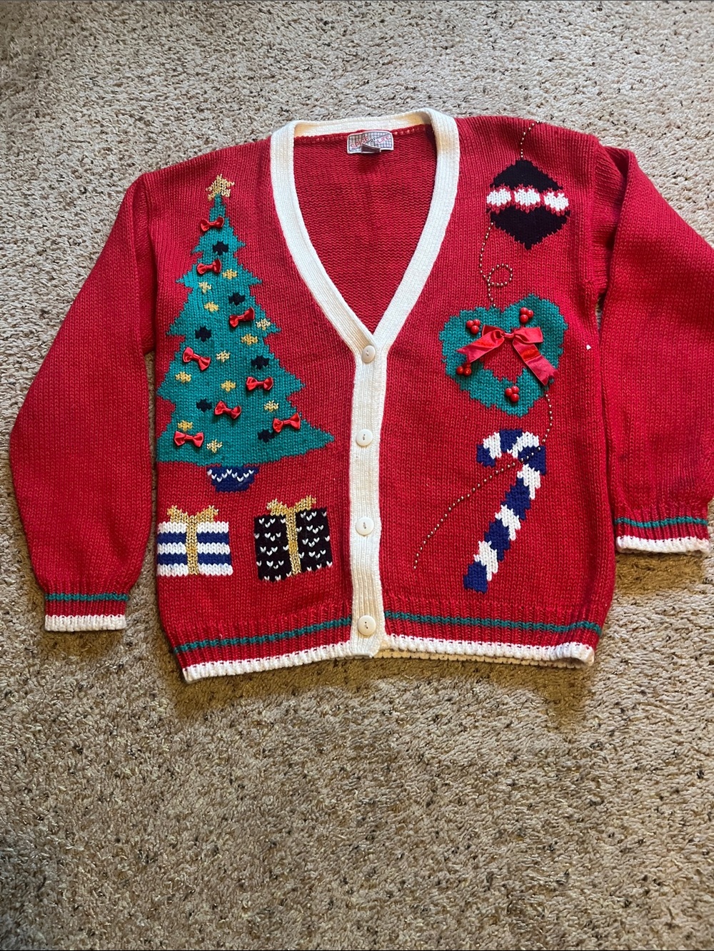 Women’s Red Christmas Cardigan Sweater with Holiday Motifs